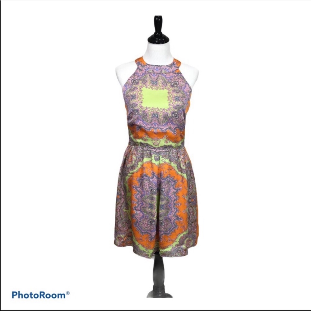 MM Couture orange and purple open back halter dress with back scarf ties